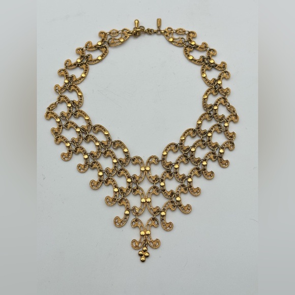 Vintage Monet Gold Tone Bib Filigree Necklace Runway Statement 90s - Picture 2 of 5
